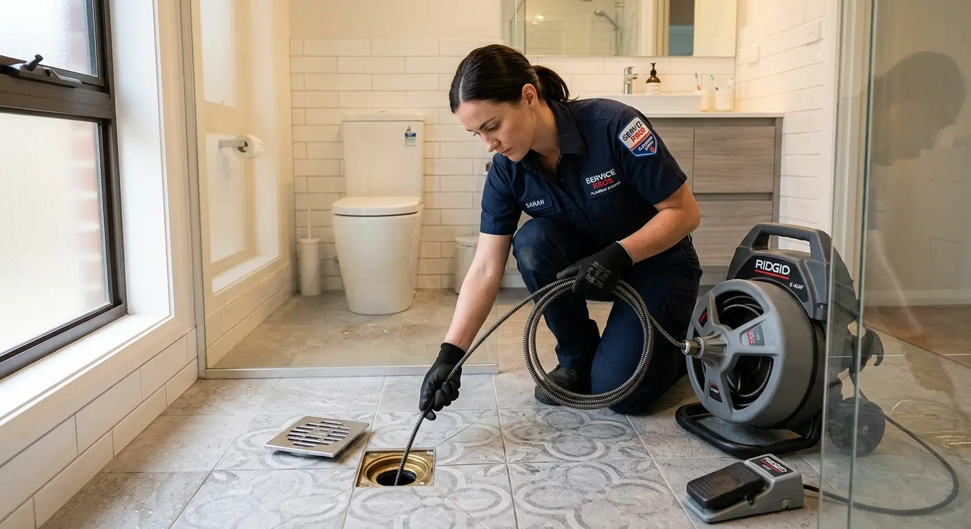Technician clearing a bathroom floor drain for Sewer Line Installation in Arnold
